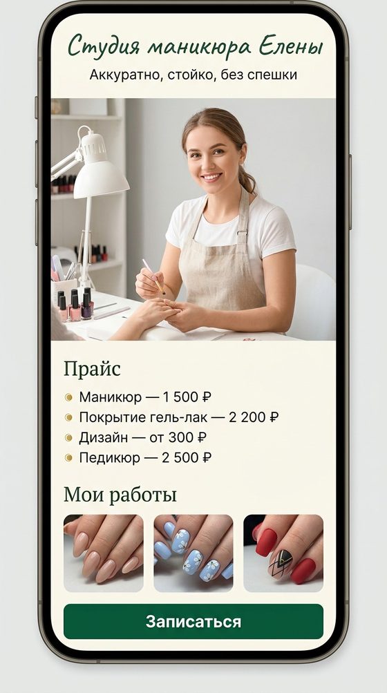 Сайт-визитка мастера маникюра на телефоне