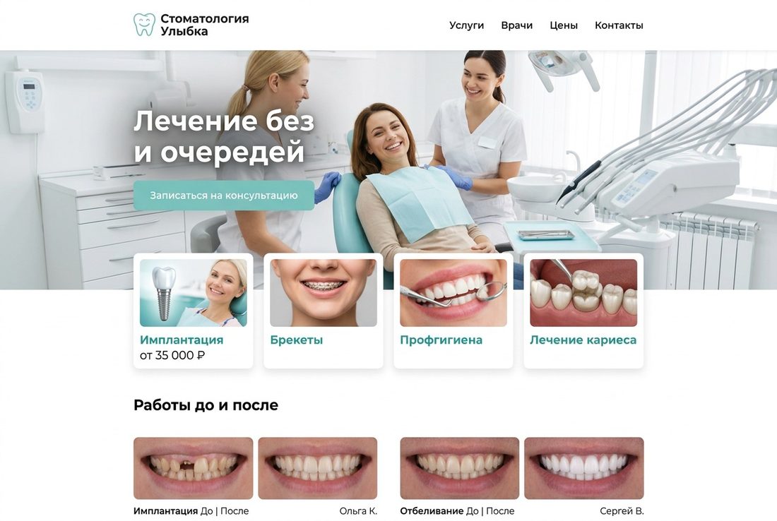 Пример сайта стоматологии: услуги с ценами и работы «до и после»