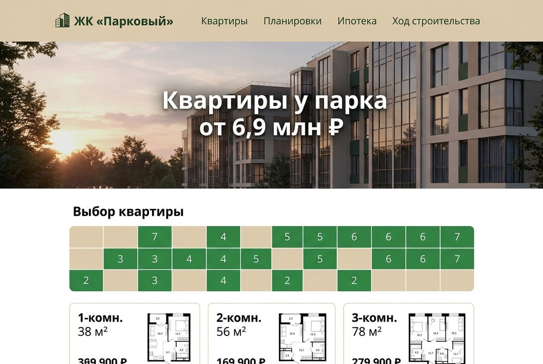 Пример сайта жилого комплекса с выбором квартир